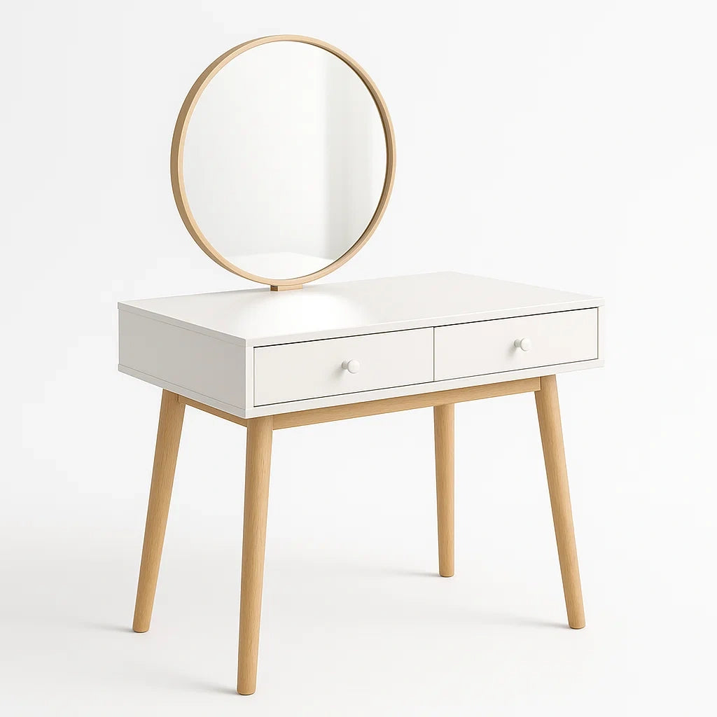 Coiffeuse en bois avec miroir rond et tiroirs Blanc et Chêne