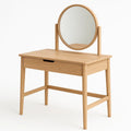 Coiffeuse en bois de chêne avec miroir rond et tiroir