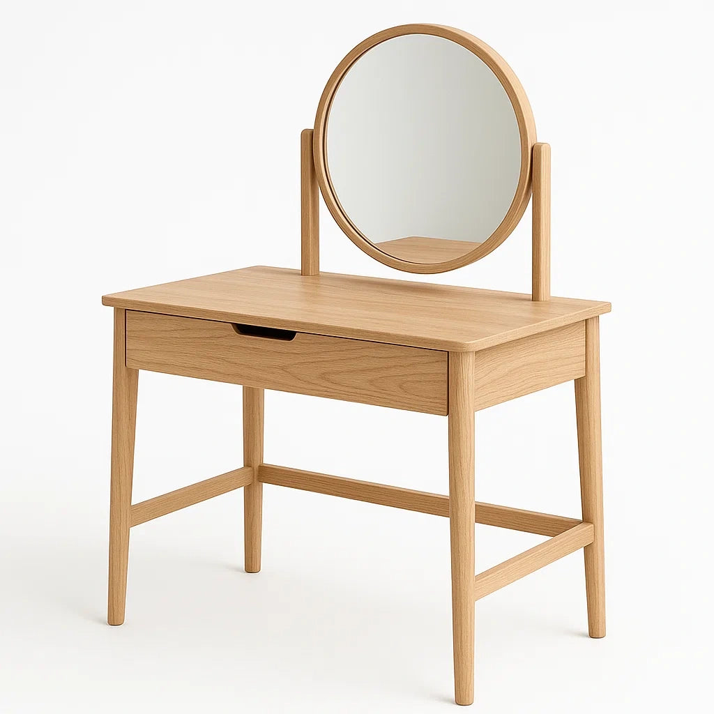 Coiffeuse en bois de chêne avec miroir rond et tiroir