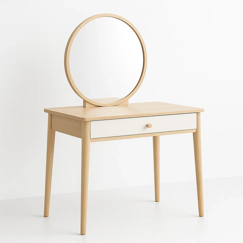 Coiffeuse en Bois de Chêne avec Miroir Rond