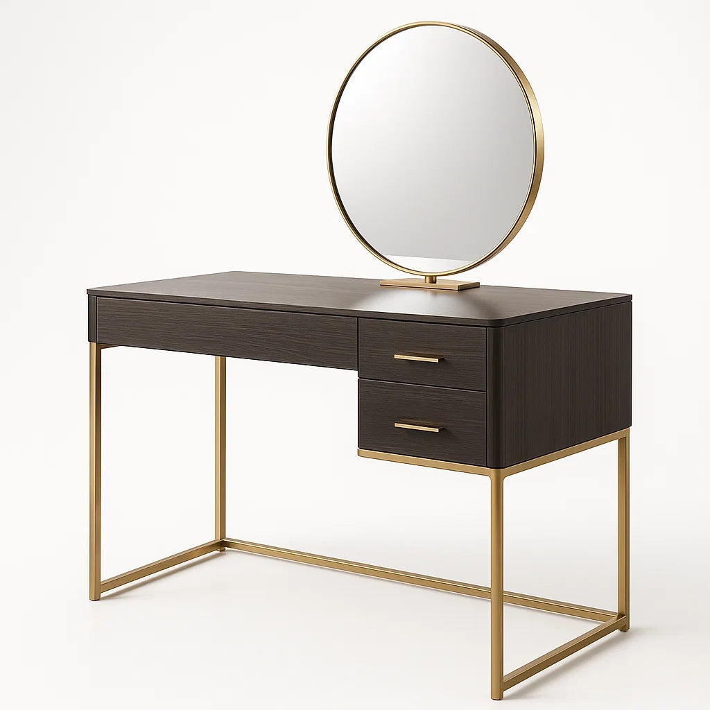 Coiffeuse avec miroir rond en bois et métal doré
