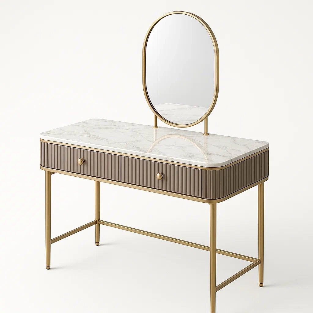 Coiffeuse en marbre et métal doré avec miroir ovale
