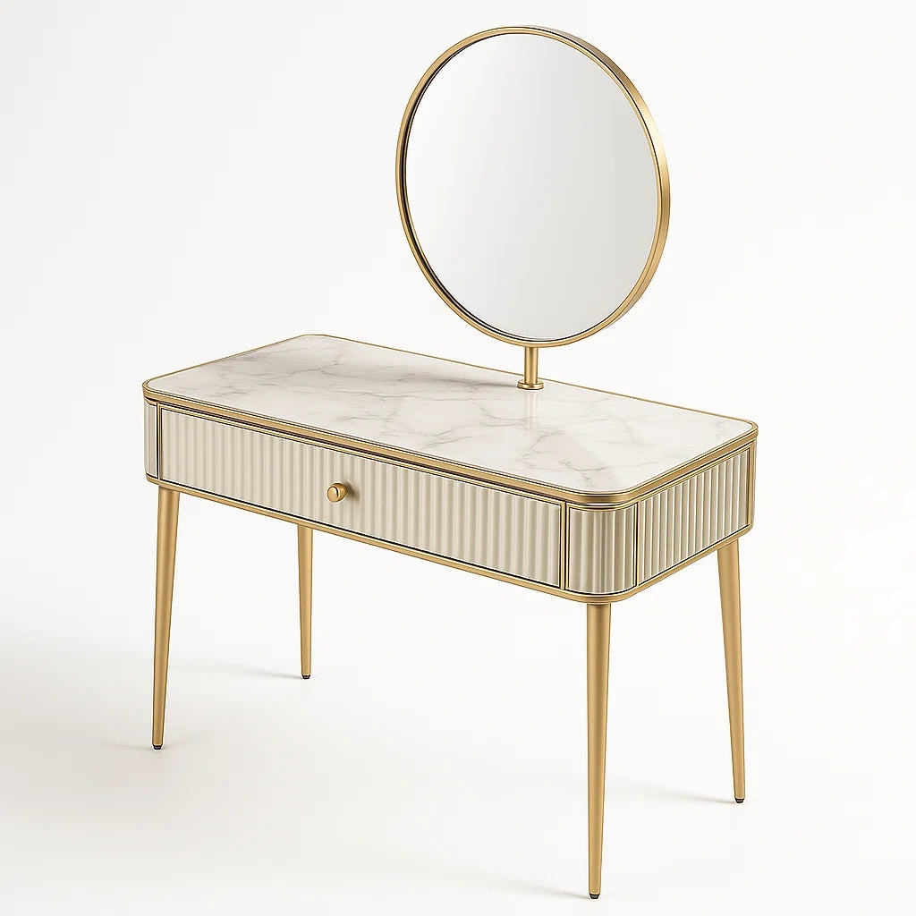 Coiffeuse en métal doré avec miroir et plateau en marbre synthétique