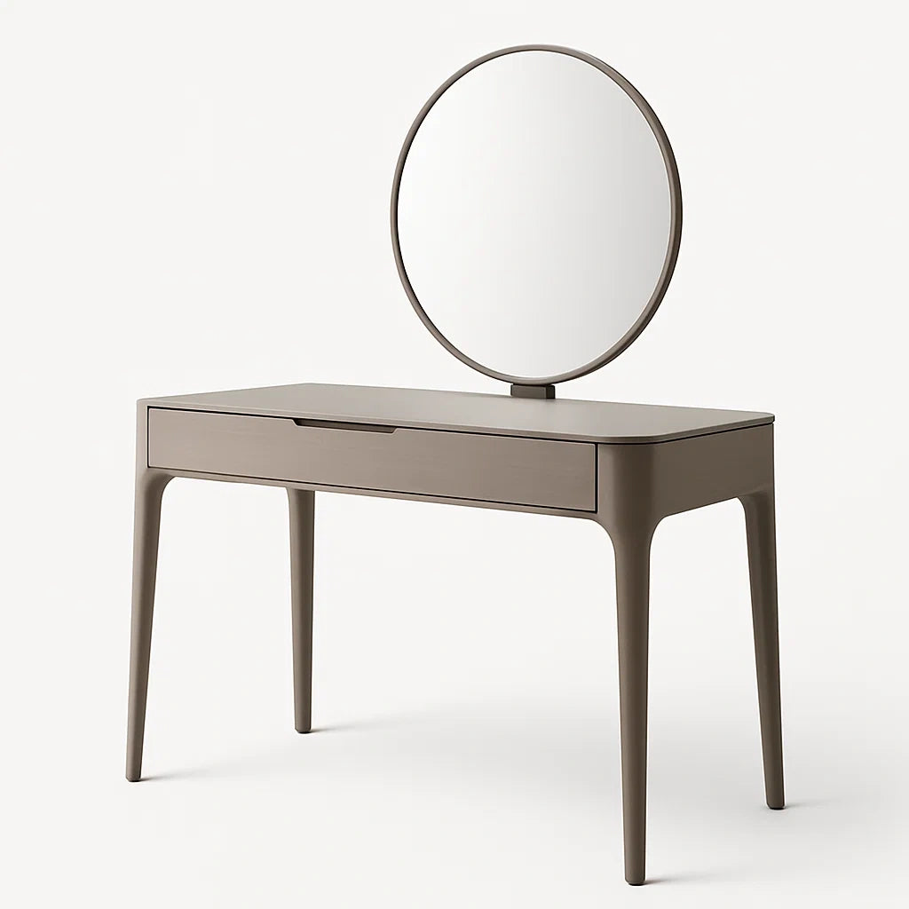 Table de Maquillage en Bois avec Miroir Rond et Tiroir Taupe