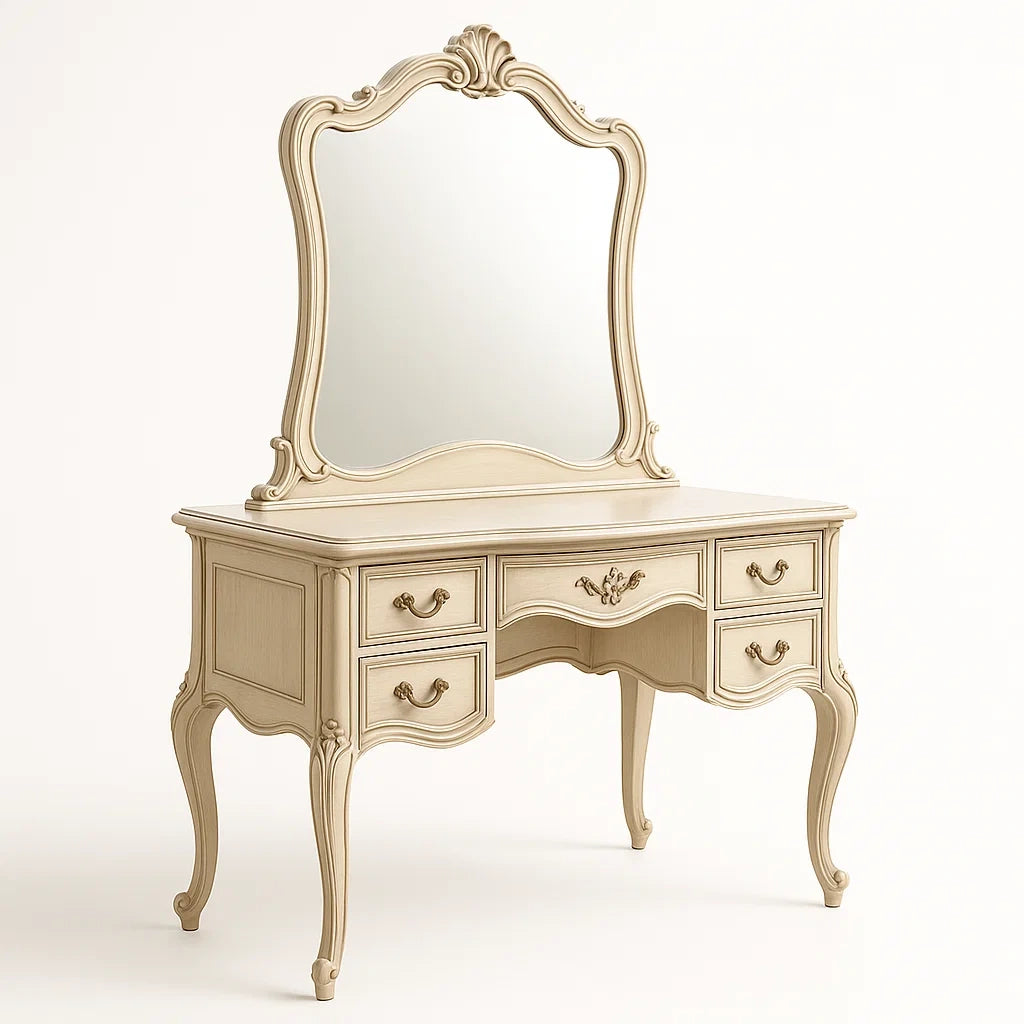 Coiffeuse en Bois avec Miroir et Tiroirs Beige