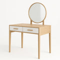 Coiffeuse en bois avec miroir rond et tiroirs blancs