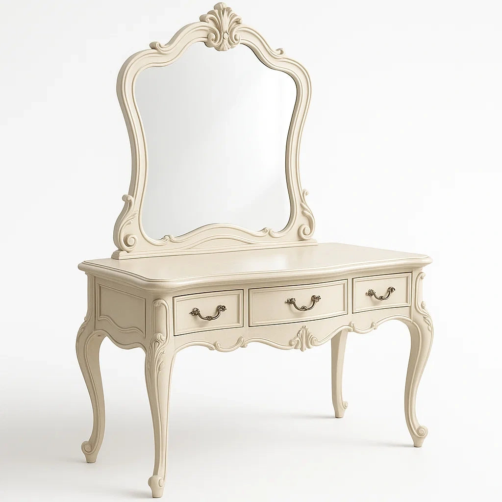 Coiffeuse en bois avec miroir et trois tiroirs