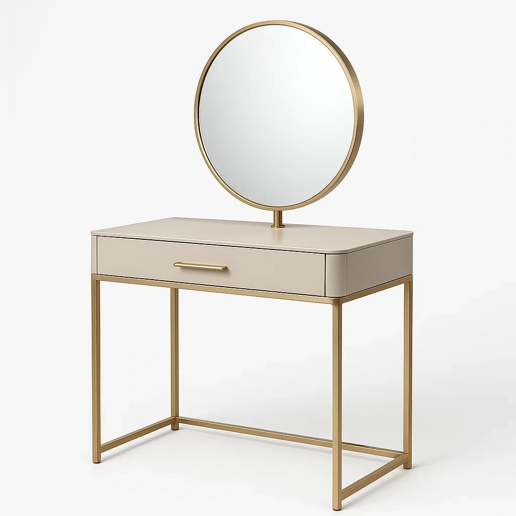 Coiffeuse avec miroir rond et structure en métal doré