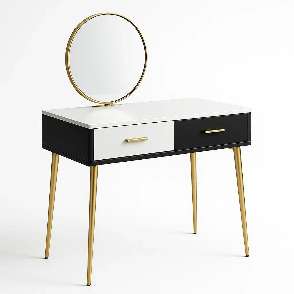 Coiffeuse en bois avec miroir rond et pieds métalliques dorés, 2 tiroirs Noir/Blanc