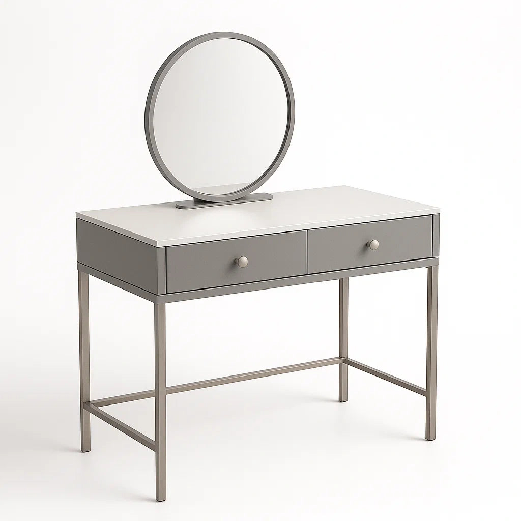 Coiffeuse en bois MDF et acier avec miroir rond 2 tiroirs Gris