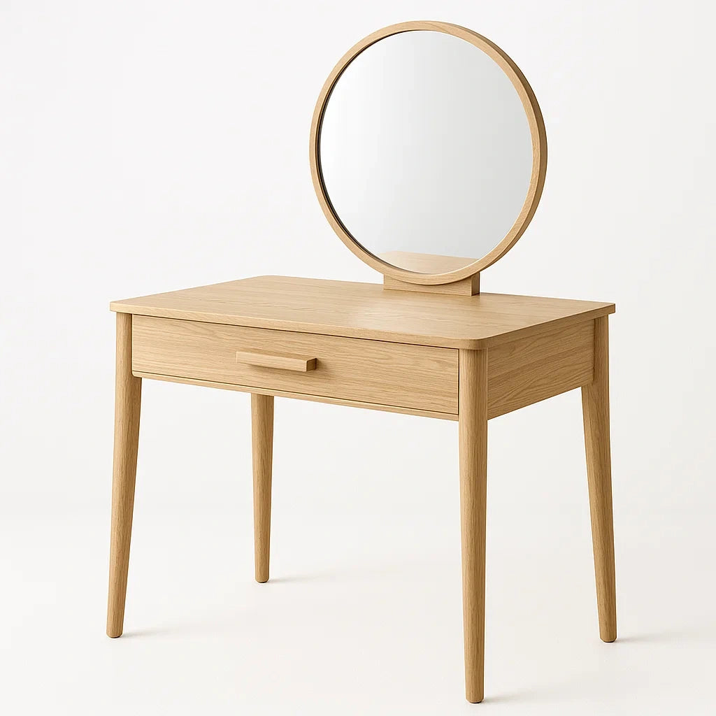 Coiffeuse en Bois avec Miroir Rond et Tiroir