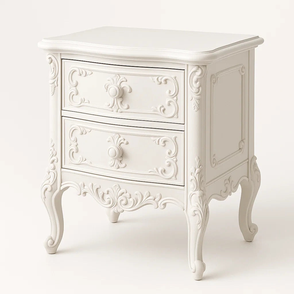 Table de nuit en bois avec tiroirs sculptés