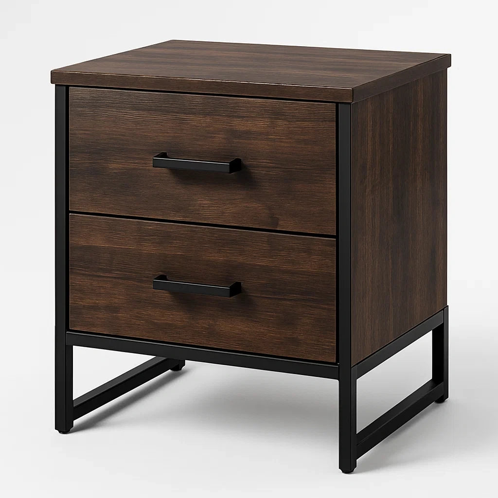 Table de Chevet en Bois et Métal Noir 2 Tiroirs