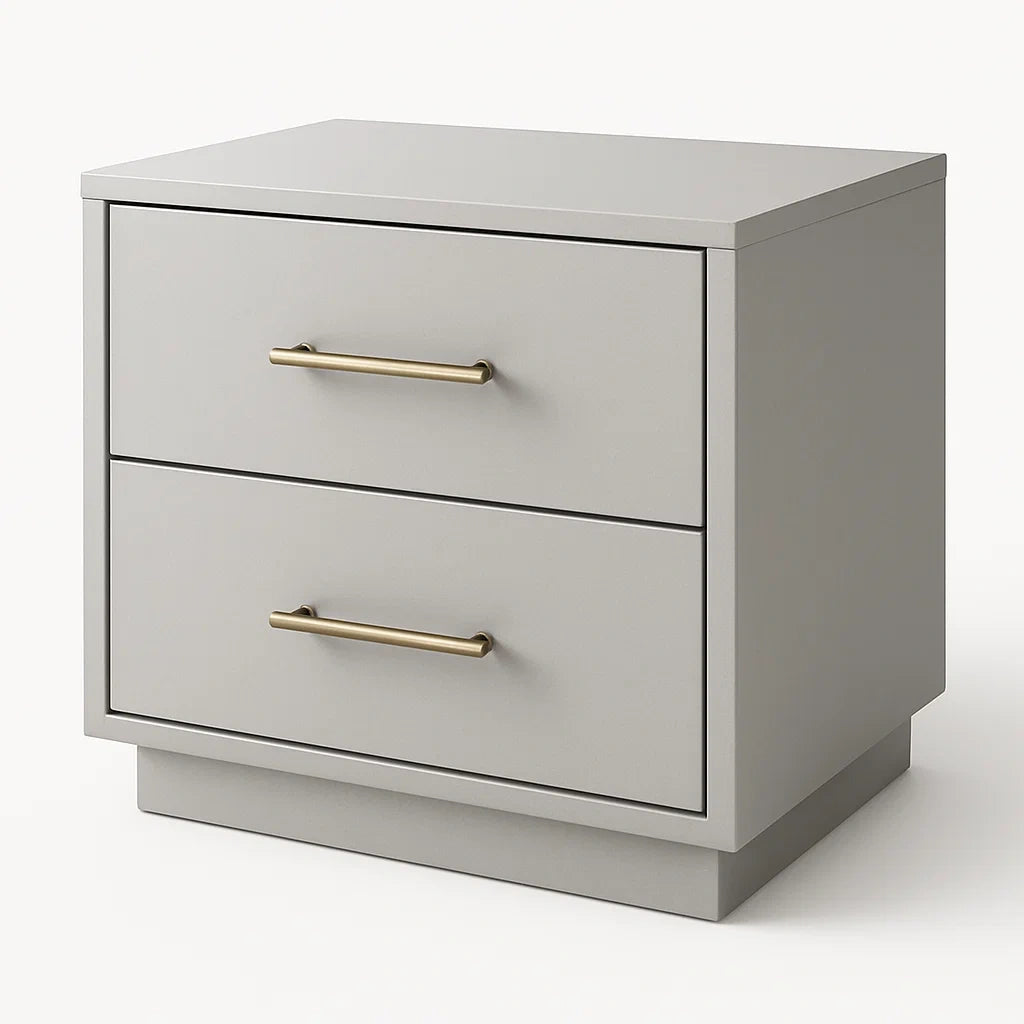 Table de chevet 2 tiroirs en bois avec poignées métal doré
