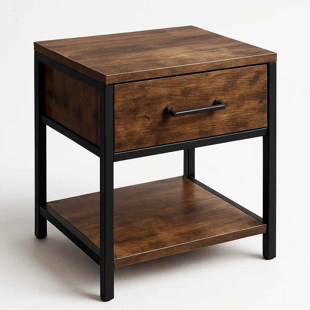 Table de nuit en bois et métal avec tiroir