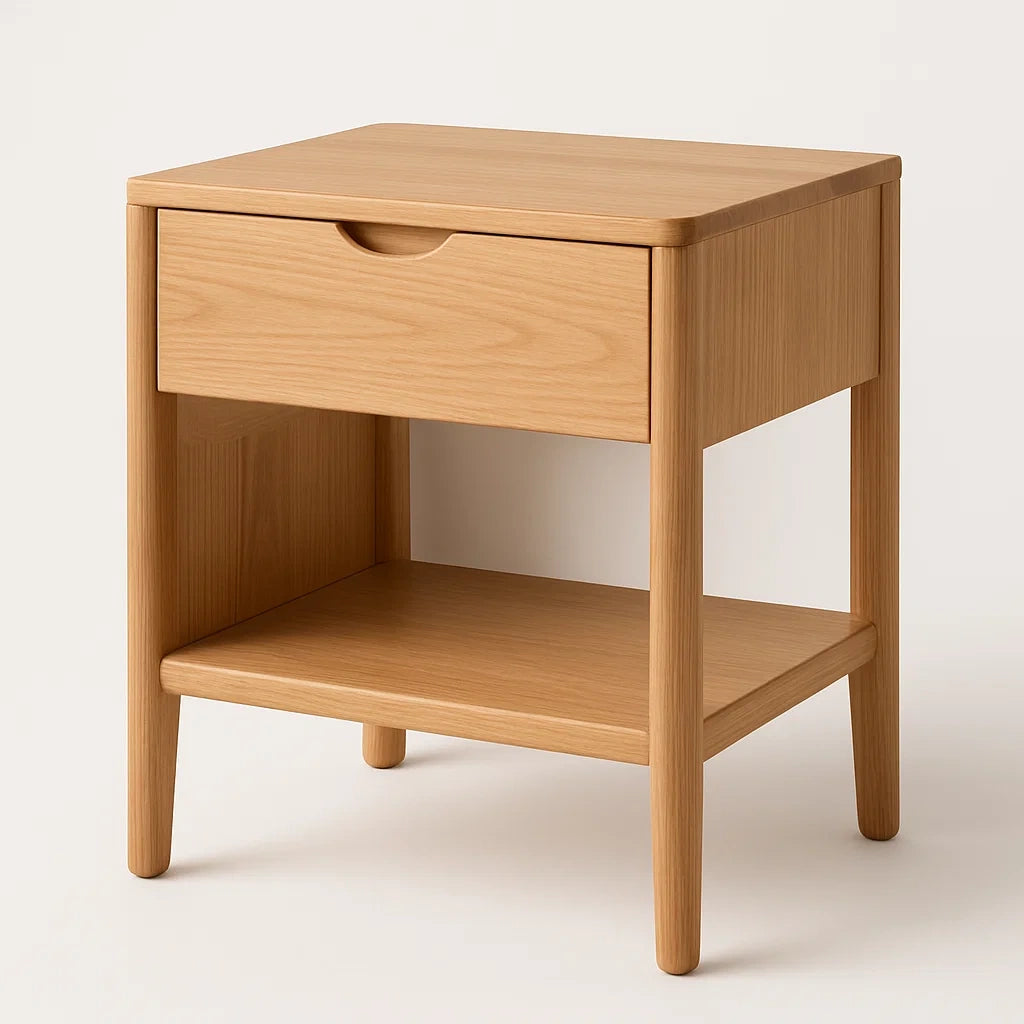 Table de nuit en bois de chêne avec tiroir et étagère