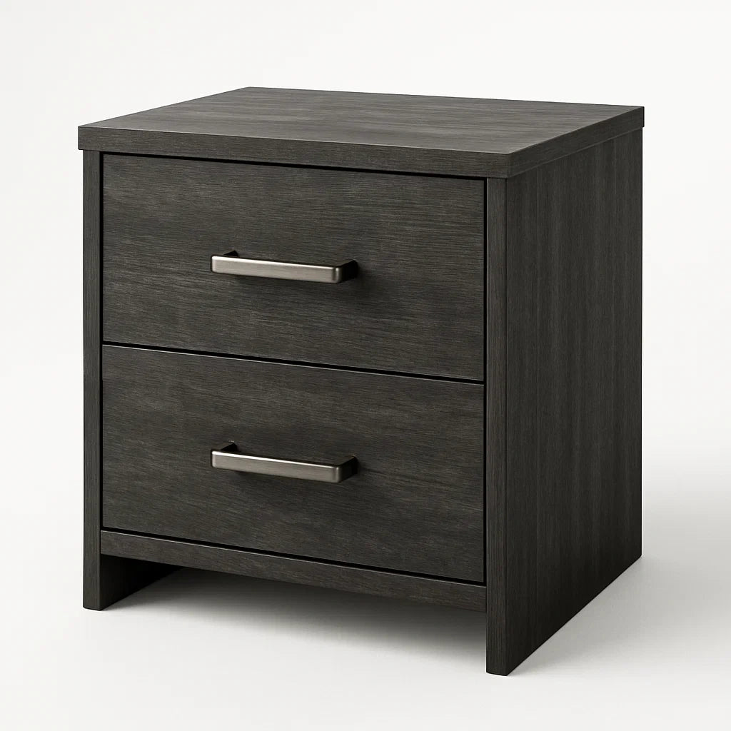 Table de chevet en bois et métal gris avec deux tiroirs