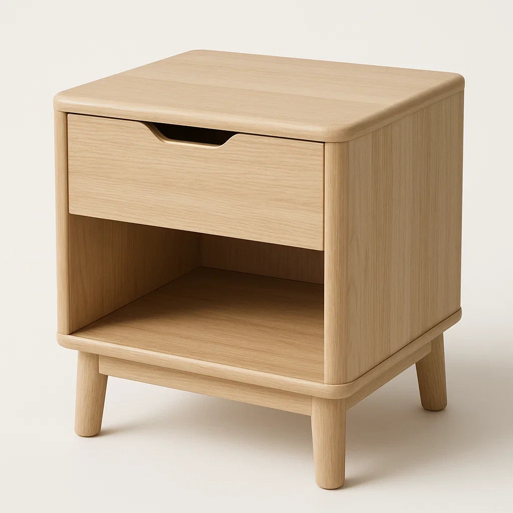 Table de chevet en bois de chêne clair avec tiroir et étagère