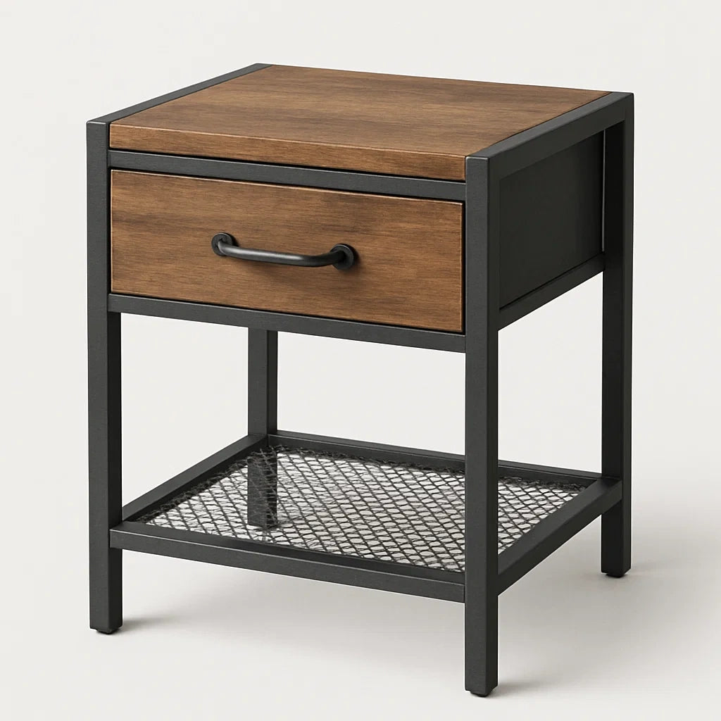 Table de chevet en bois et métal noir avec tiroir et étagère