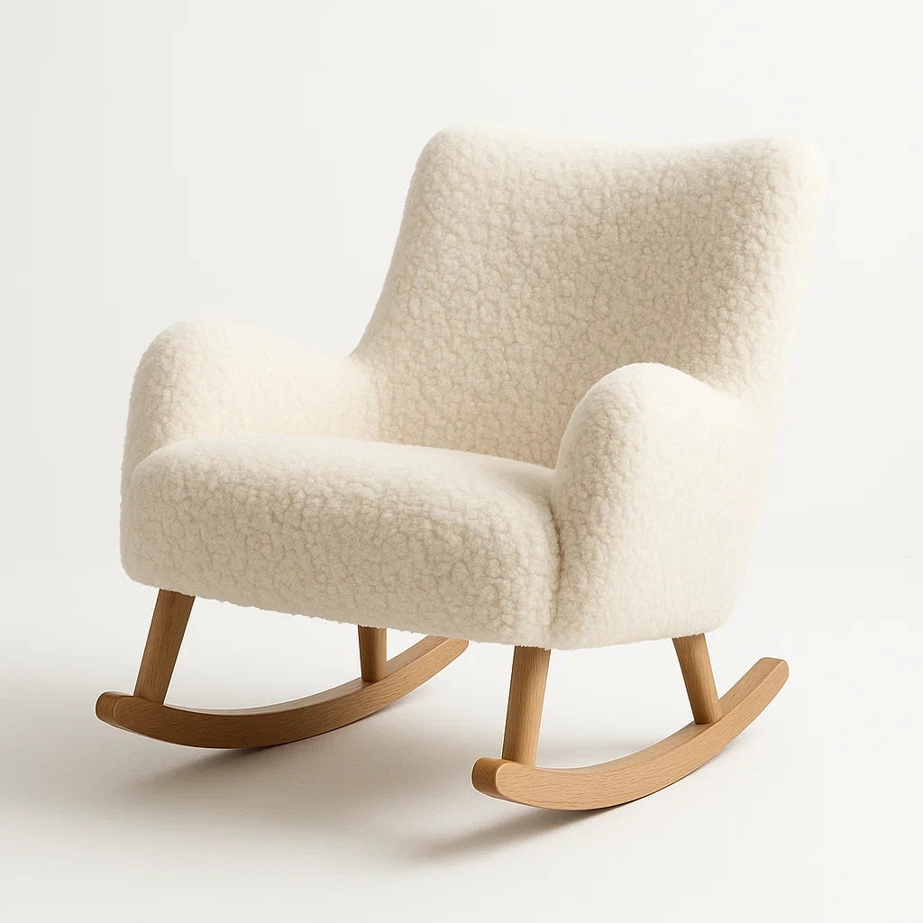 Fauteuil à bascule en bois et tissu bouclé crème