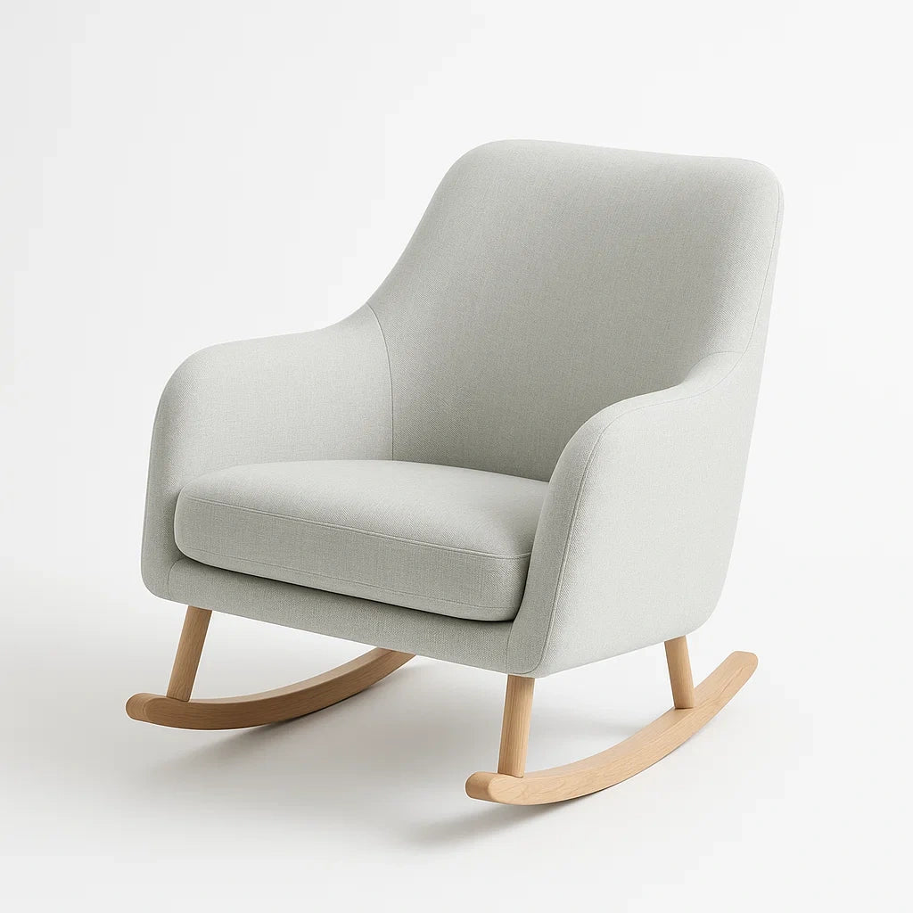 Fauteuil à bascule en tissu gris clair avec pieds en bois