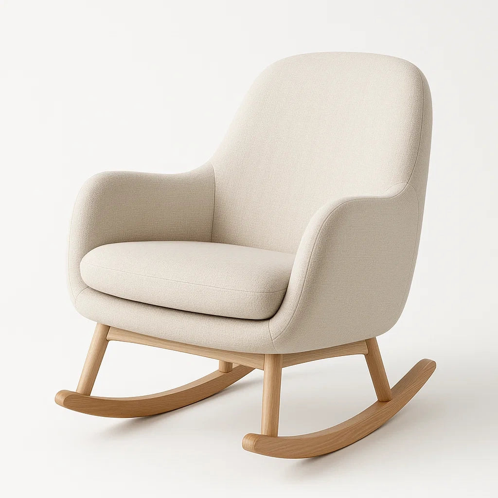 Fauteuil à bascule en bois et tissu beige