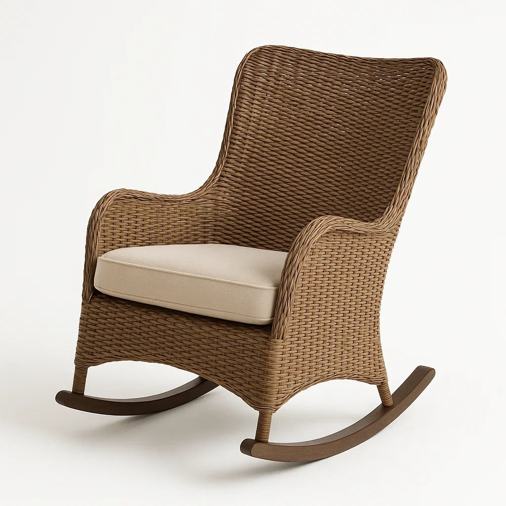 Fauteuil à bascule en résine tressée marron avec coussin crème