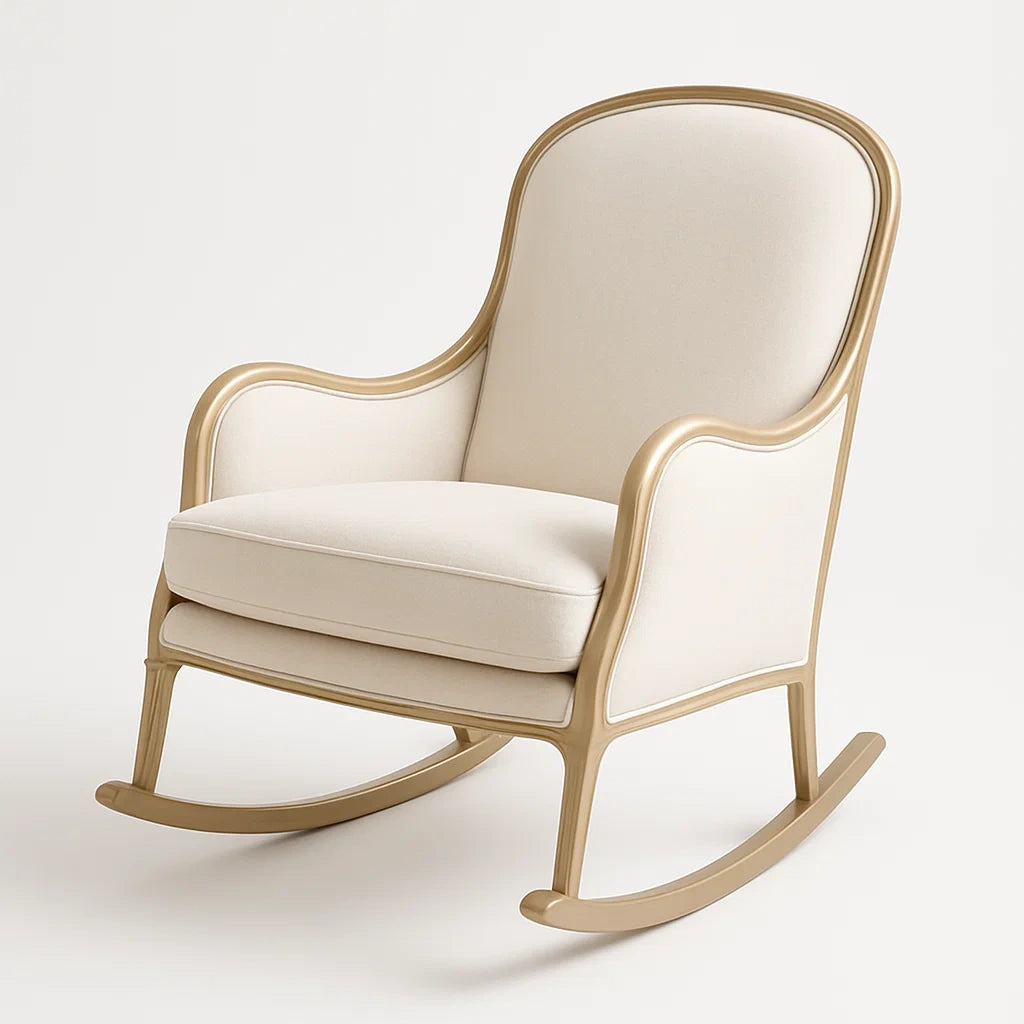 Chaise berçante en bois et lin beige