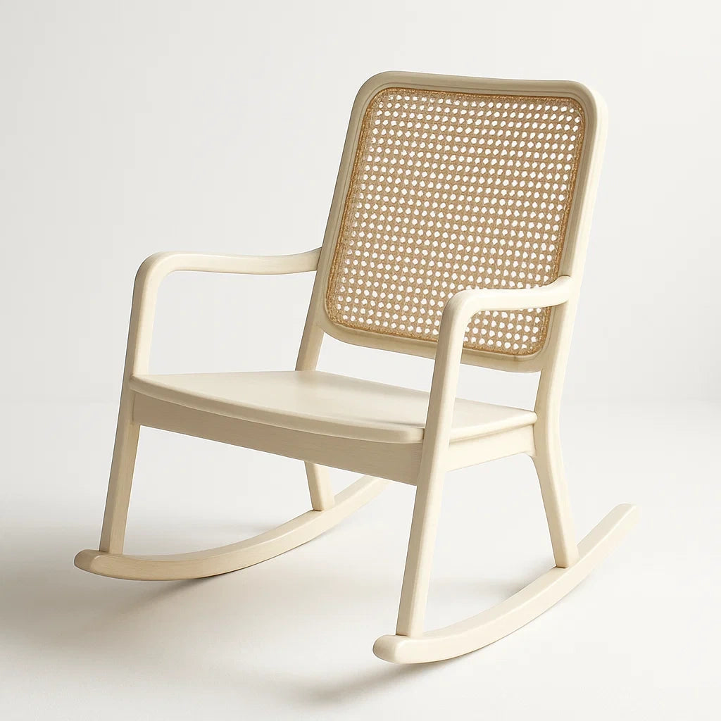 Chaise berçante en bois de hêtre et rotin crème