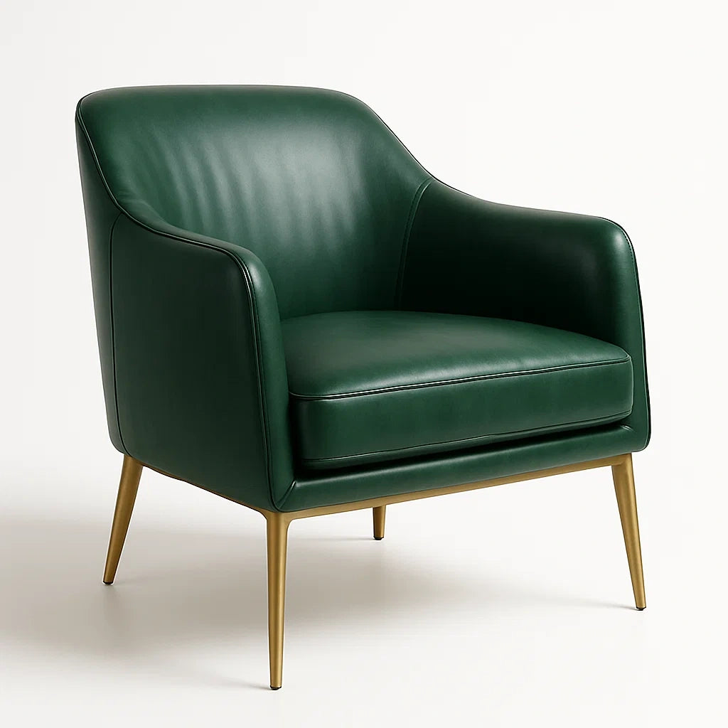 Fauteuil en cuir vert avec pieds en métal