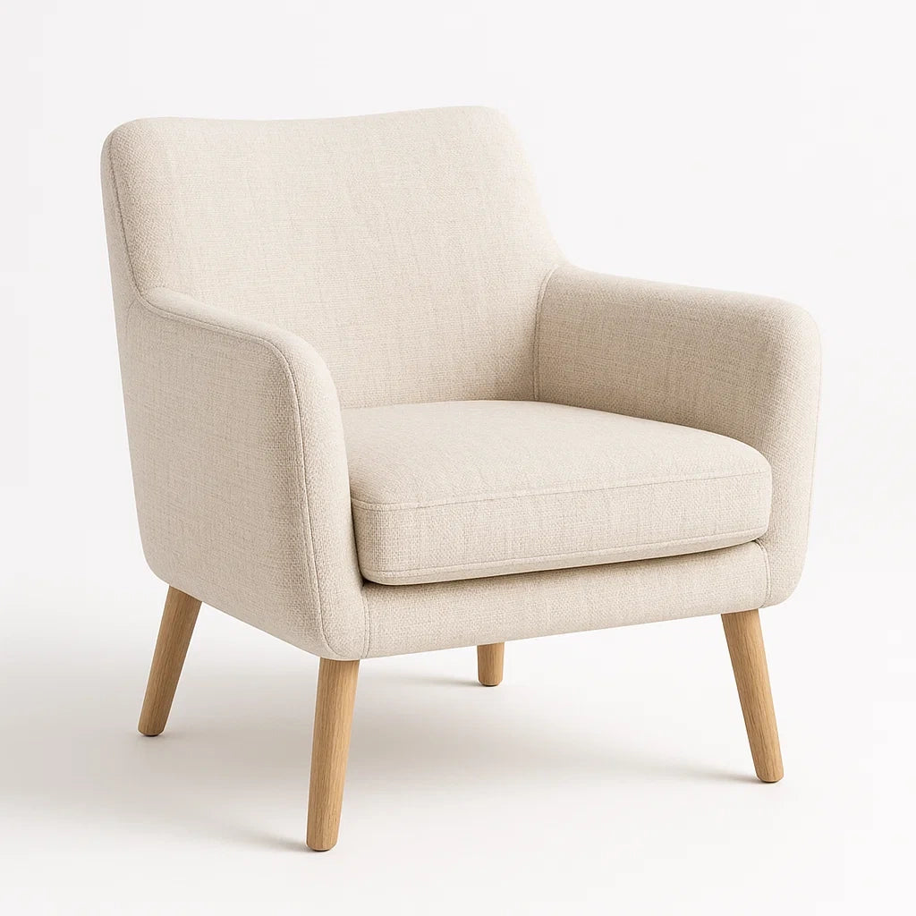 Fauteuil en tissu crème avec pieds en bois