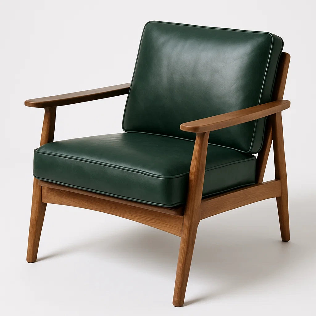 Fauteuil en bois et cuir synthétique vert