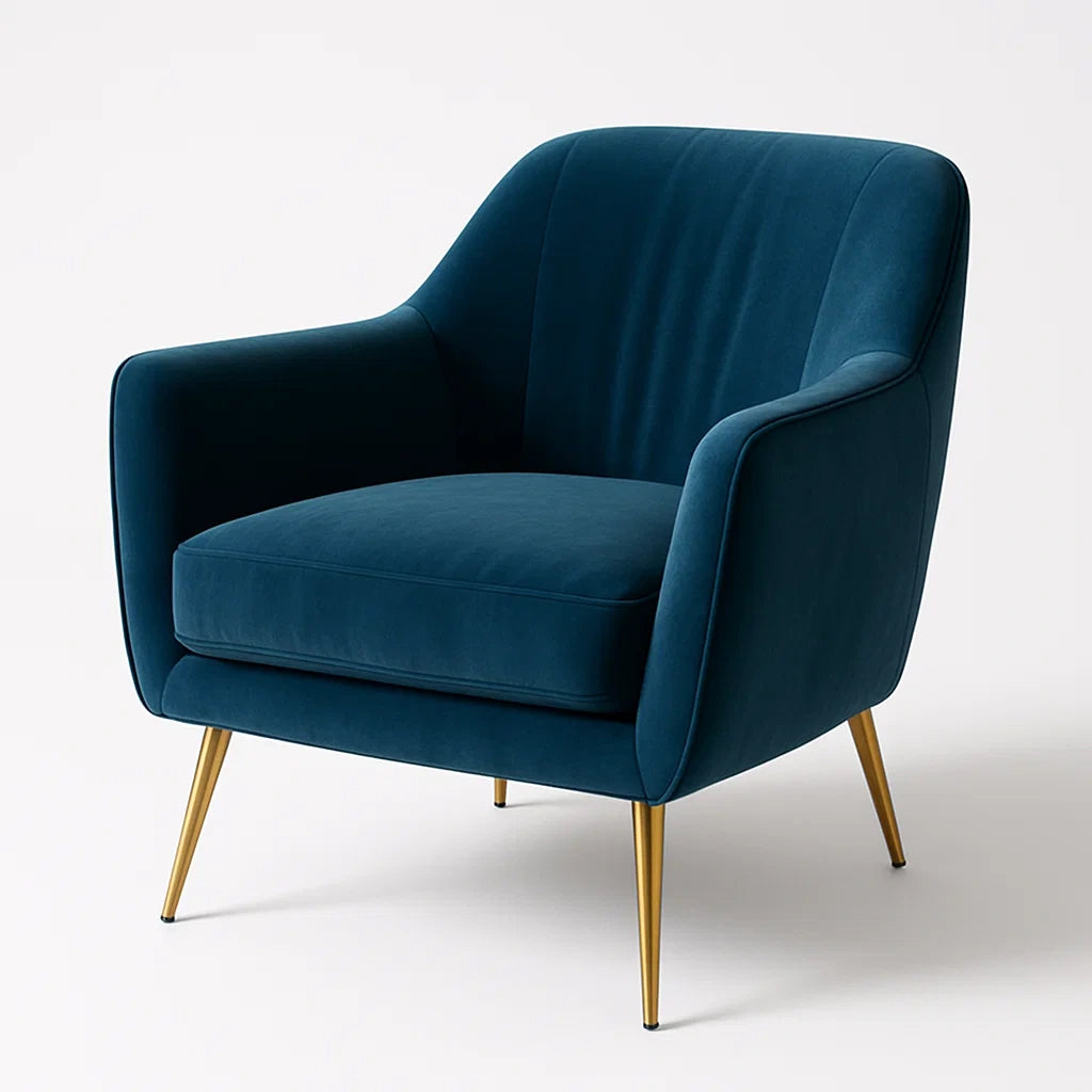 Fauteuil en velours bleu avec pieds en métal doré