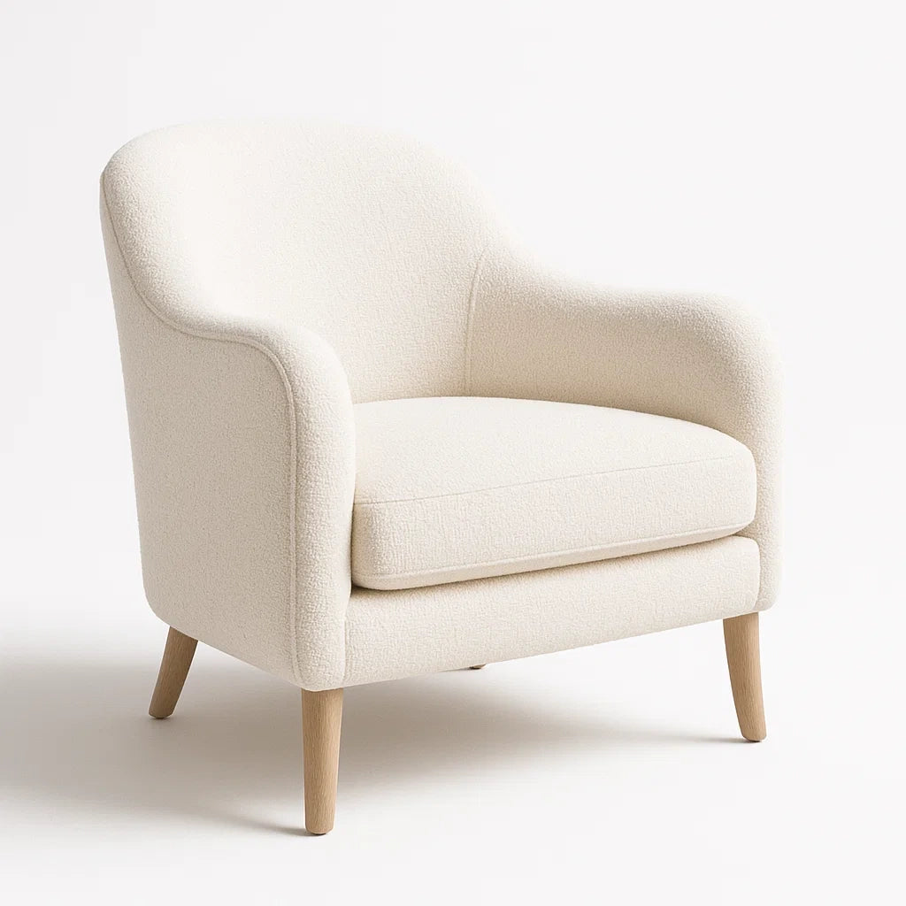 Fauteuil en Bouclé Écru avec Pieds en Bois de Hêtre
