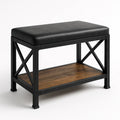 Banc métal et bois avec assise en cuir synthétique noir