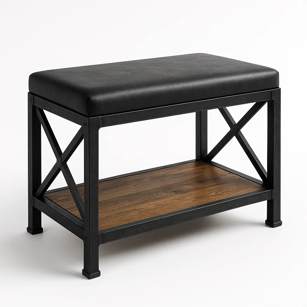 Banc métal et bois avec assise en cuir synthétique noir