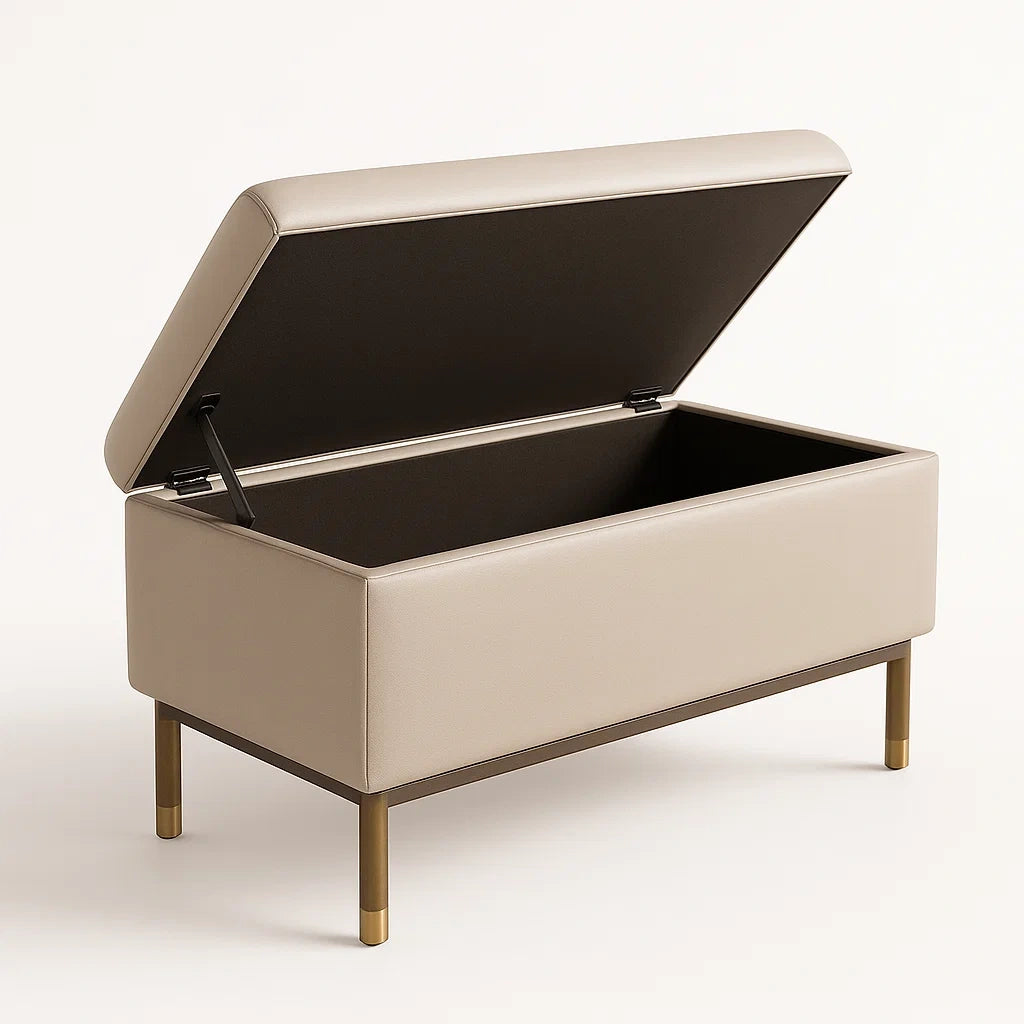 Coffre de rangement en cuir synthétique beige avec pieds en métal