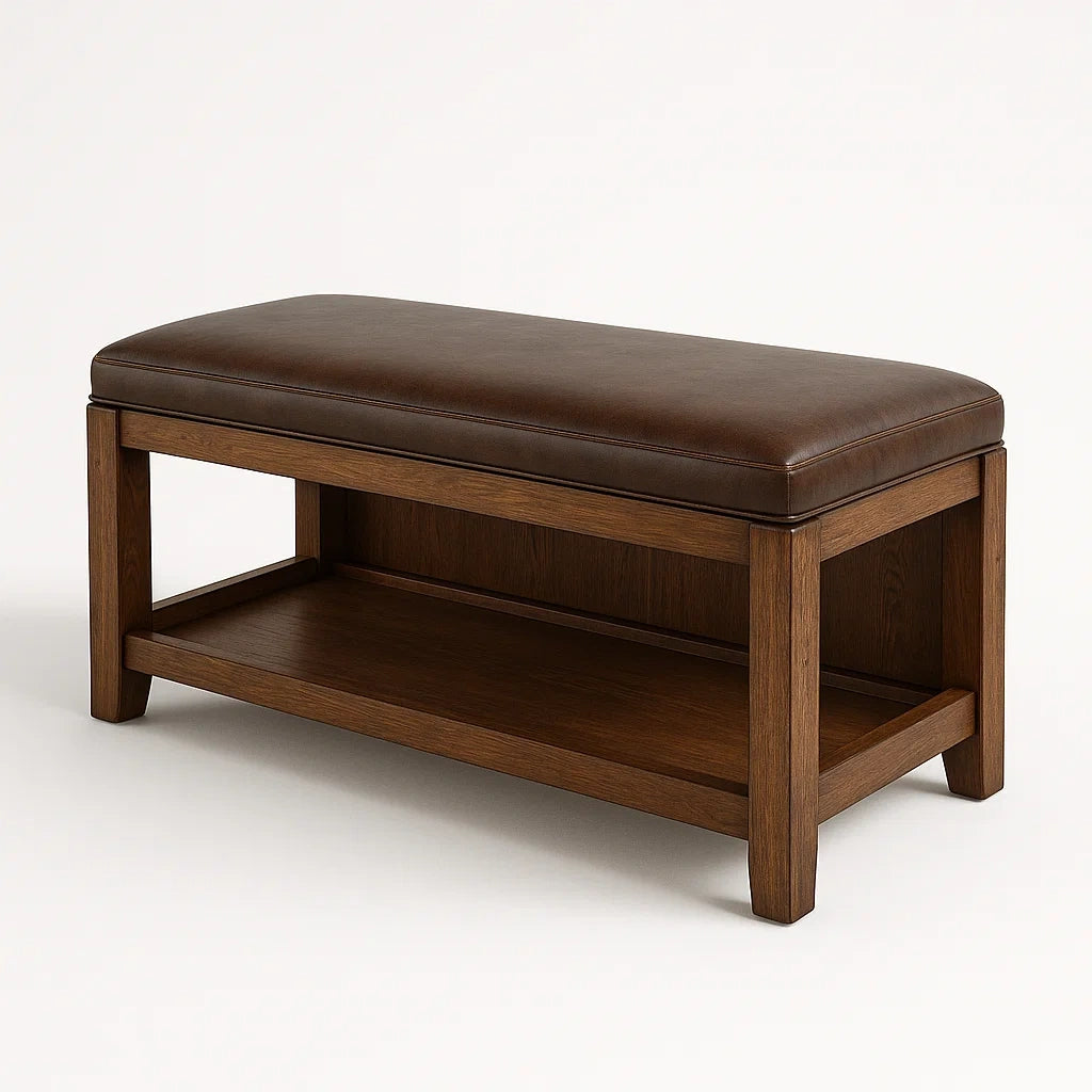 Banc de rangement en bois avec assise en cuir synthétique marron
