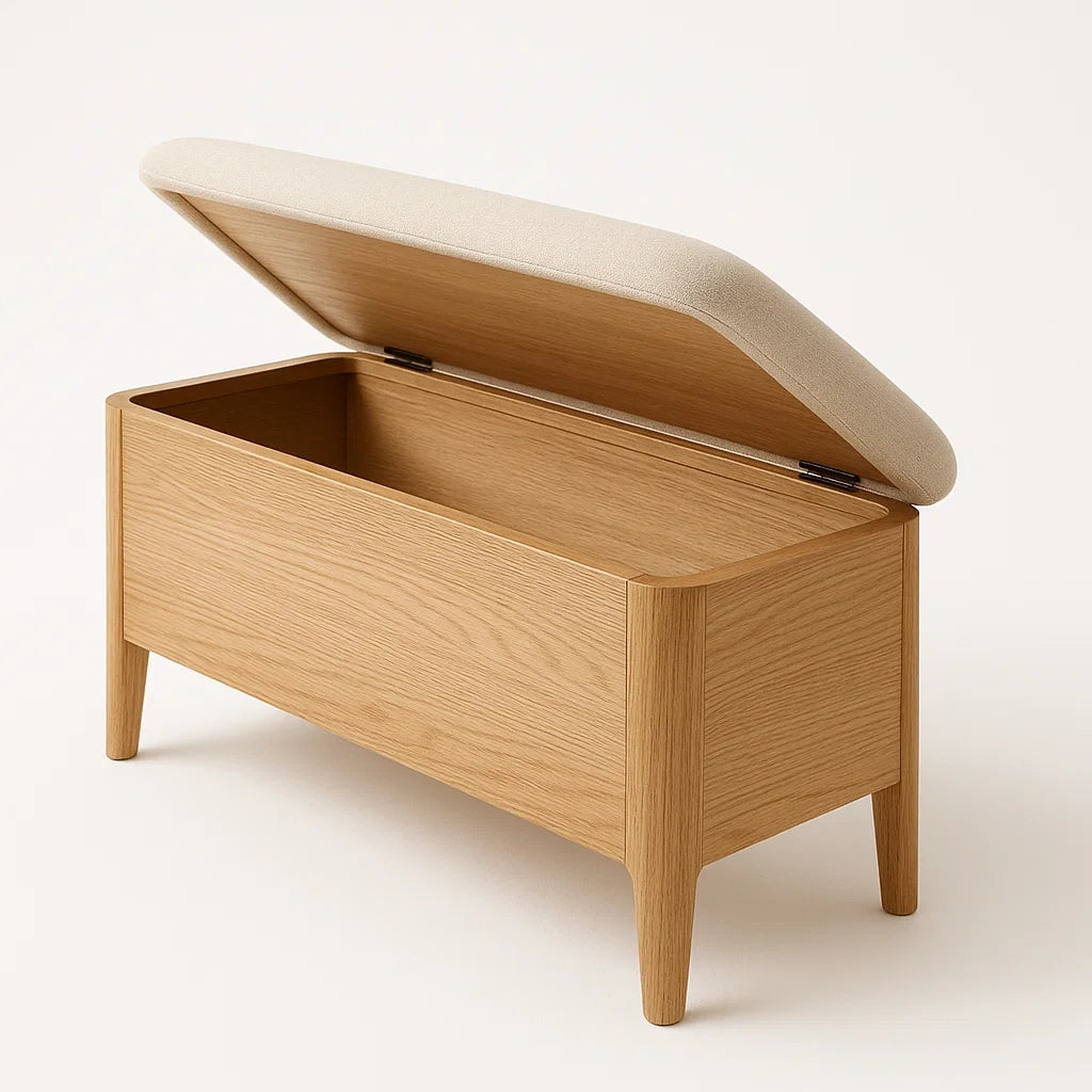 Banc de rangement en bois avec coussin en tissu en chêne