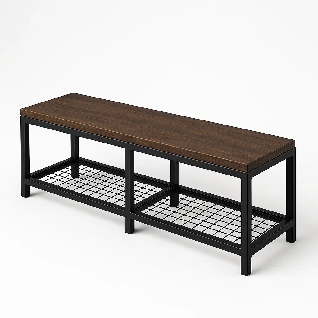 Banc de rangement en bois et métal noir 120x40x45 cm