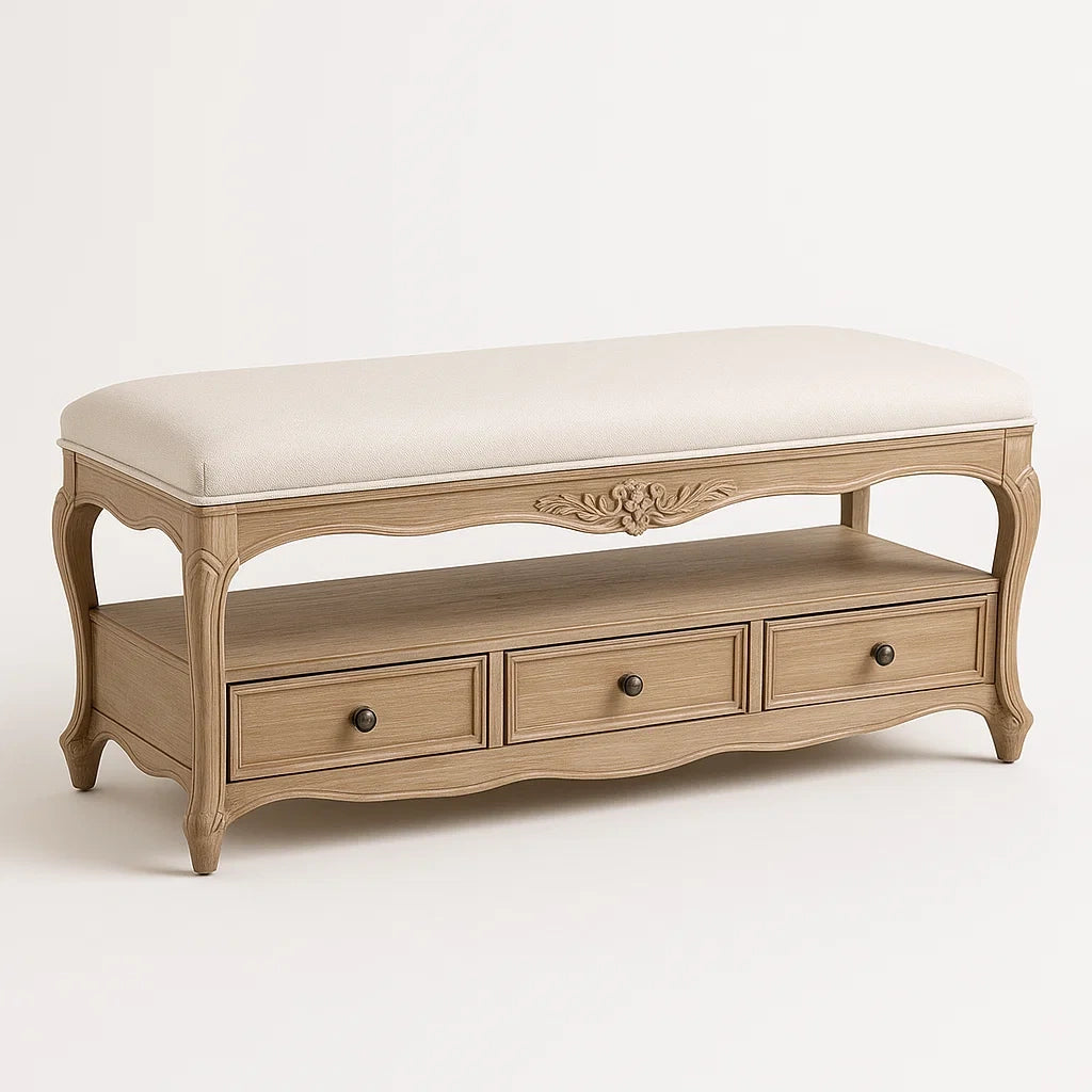 Banc en Bois de Chêne avec Coussin en Lin Beige et 3 Tiroirs