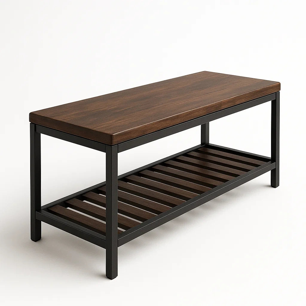 Banc en bois et métal avec étagère inférieure