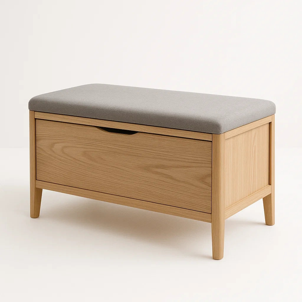 Banc de rangement en bois avec coussin gris