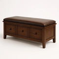 Banc de rangement en bois avec coussin en cuir synthétique brun