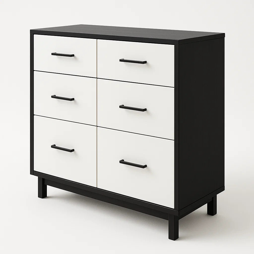 Commode à 6 tiroirs en bois MDF noir et blanc