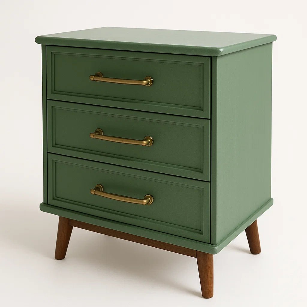 Commode en bois avec 3 tiroirs et poignées en laiton vert