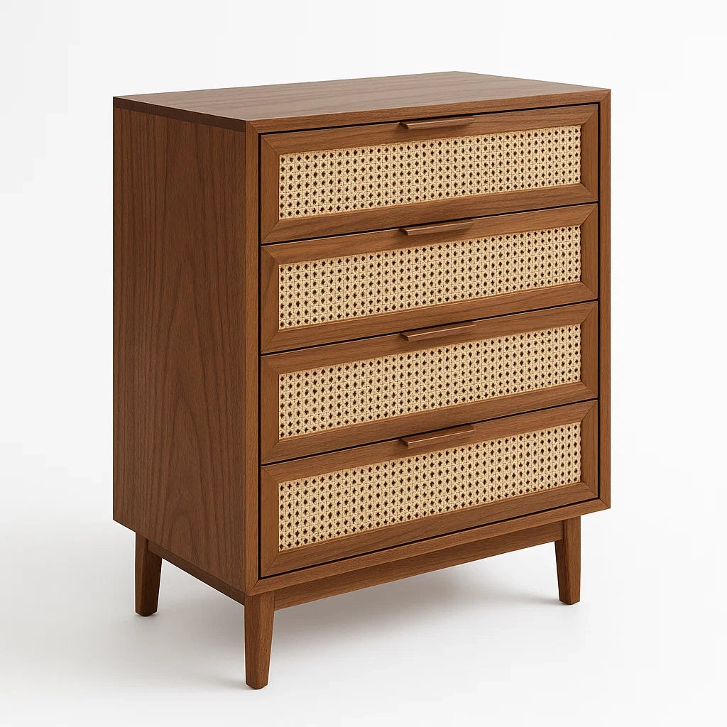 Commode en bois avec tiroirs en rotin