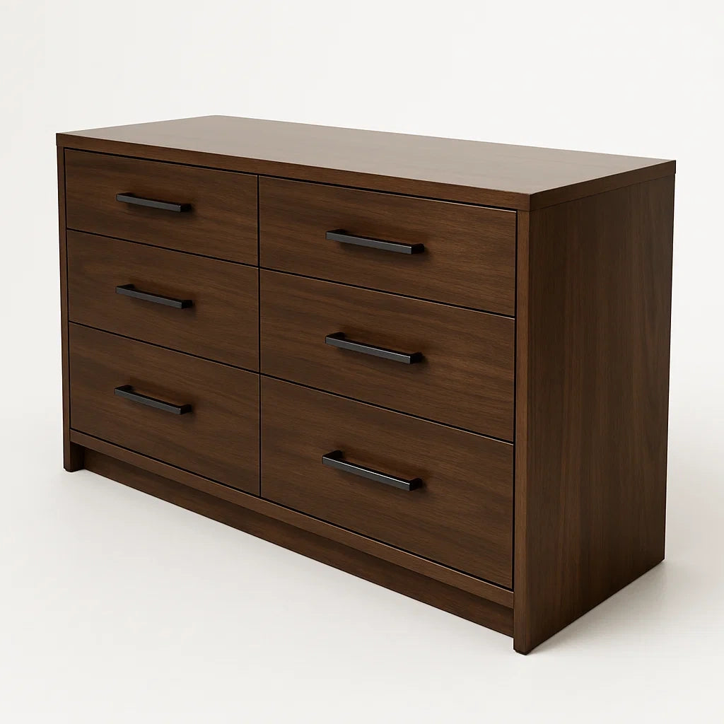 Commode en bois avec 6 tiroirs en placage marron