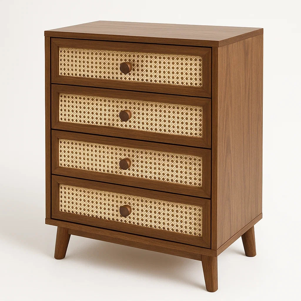Commode en Bois de Noyer avec Tiroirs en Rotin Naturel