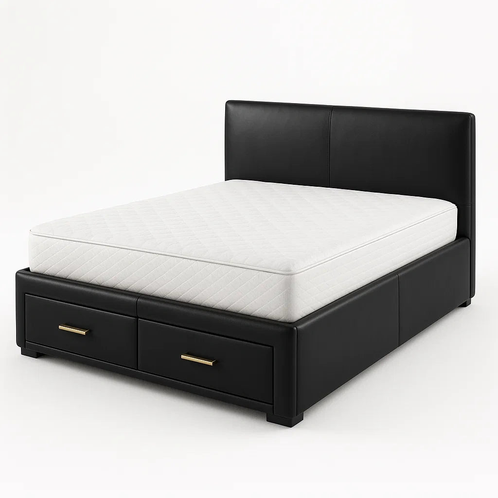 Lit double en cuir avec tiroirs de rangement noir